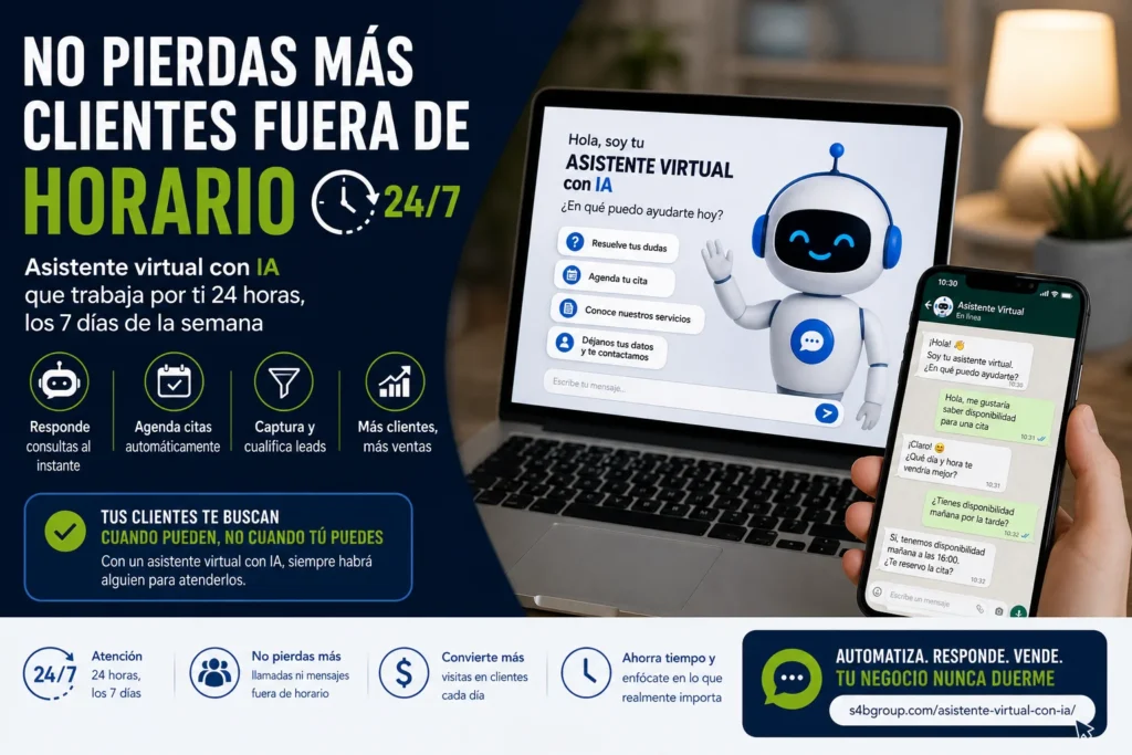 Asistente virtual con inteligencia artificial para captar clientes 24 horas al día, responder consultas, gestionar citas y automatizar la atención al cliente.