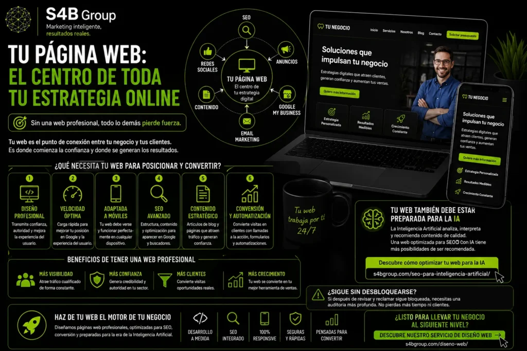 Página web profesional como centro de una estrategia digital basada en SEO, inteligencia artificial, redes sociales, Google Business Profile y captación de clientes.
