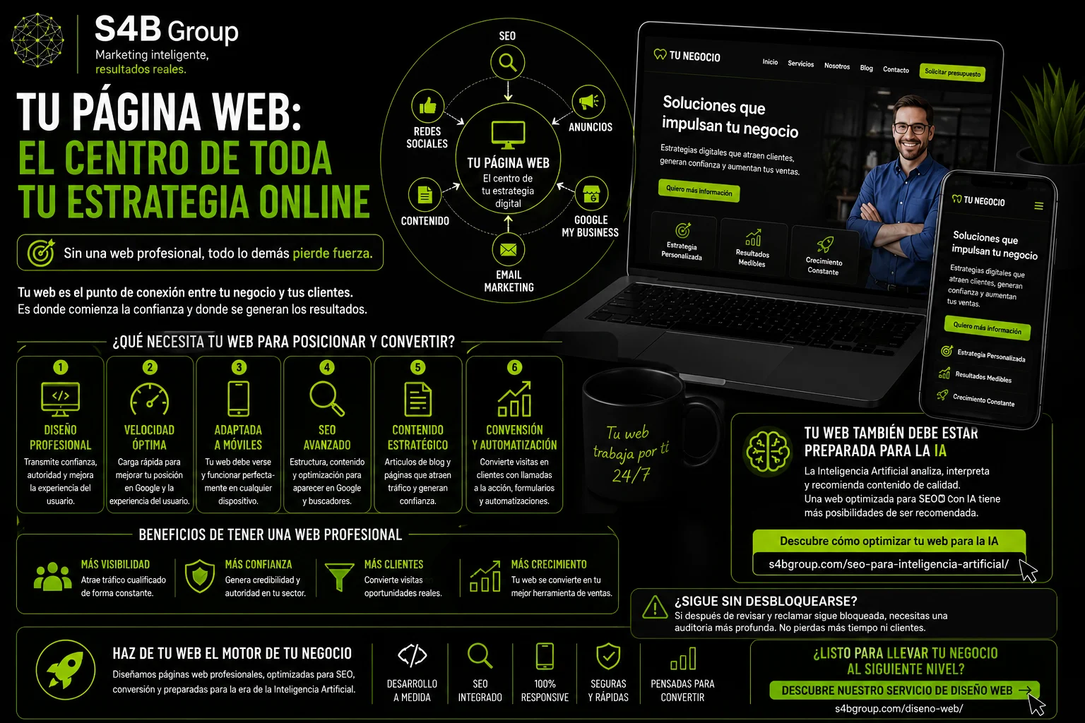 Página web profesional como centro de una estrategia digital basada en SEO, inteligencia artificial, redes sociales, Google Business Profile y captación de clientes.