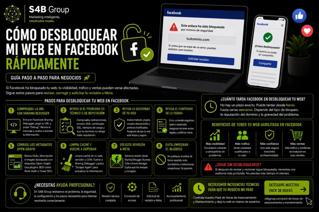 Cómo desbloquear una página web bloqueada por Facebook y recuperar la posibilidad de compartir enlaces en publicaciones, grupos, páginas y campañas publicitarias.