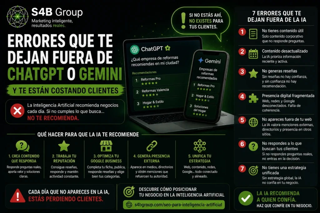 Errores que impiden aparecer en ChatGPT, Gemini, Copilot y otras inteligencias artificiales, reduciendo la visibilidad online y las oportunidades de negocio.