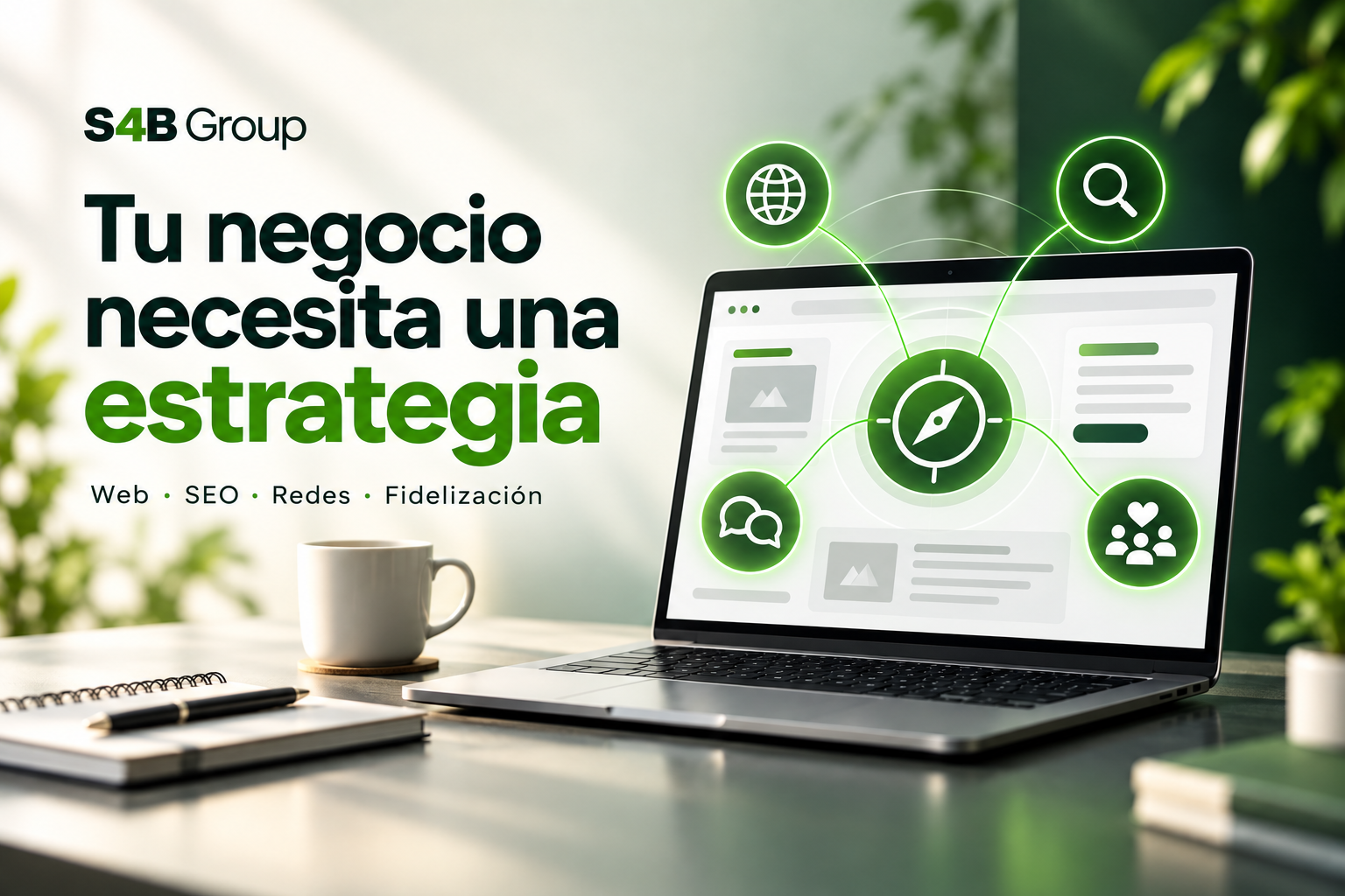 Tu negocio necesita una estrategia: web, SEO, redes sociales y fidelización conectados en una ilustración de S4B Group.