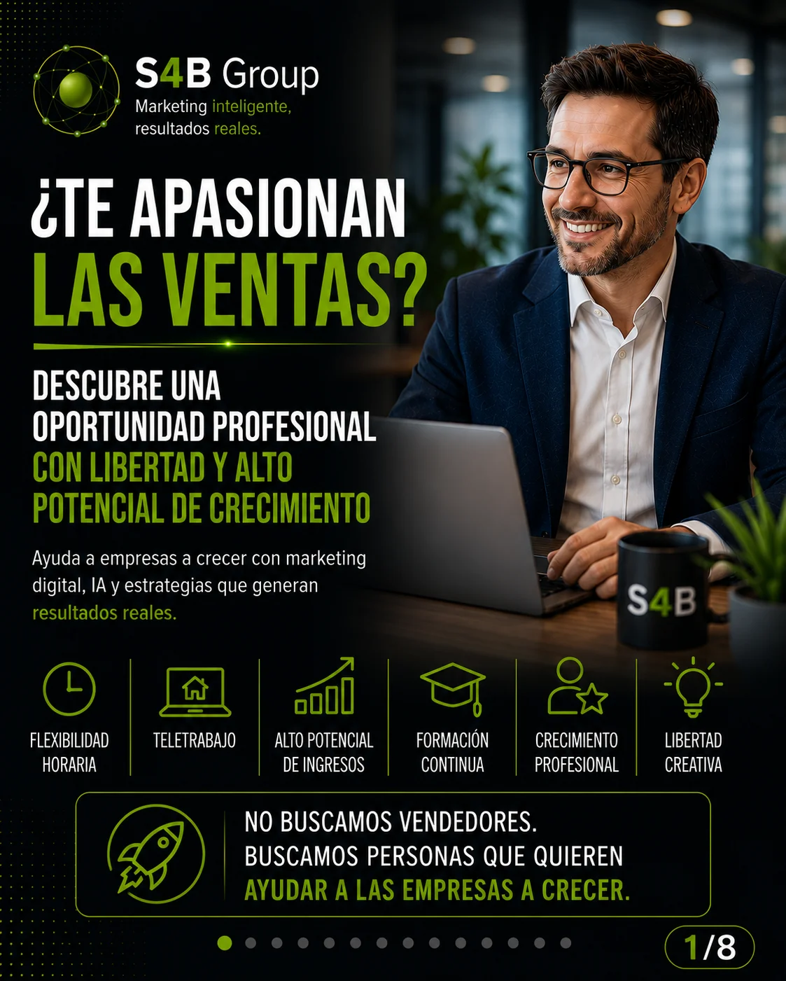 Programa de Agentes Comerciales de S4B Group para profesionales de las ventas con oportunidad de crecimiento, teletrabajo, formación continua y comercialización de servicios de marketing digital, SEO e Inteligencia Artificial.