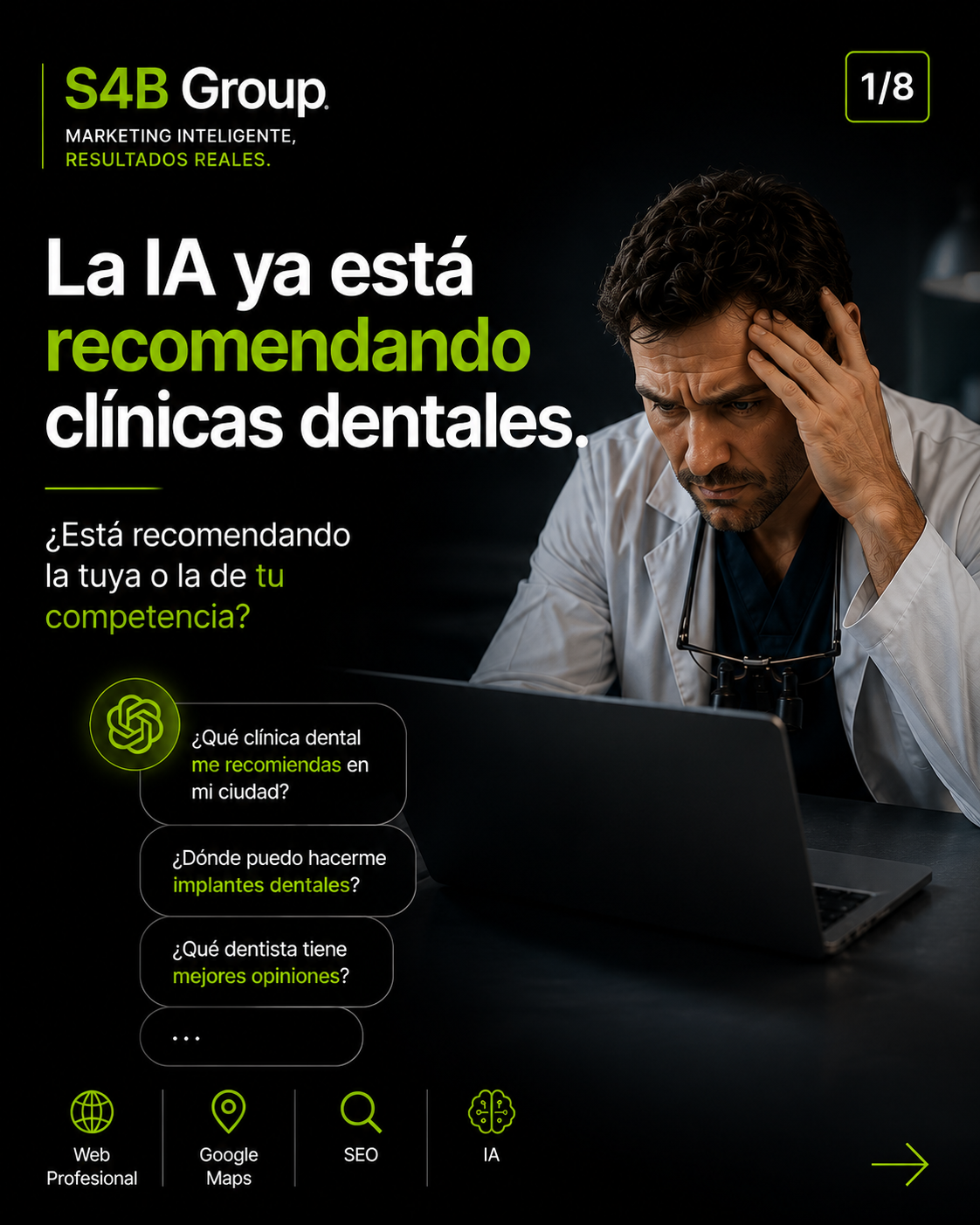 La Inteligencia Artificial recomienda clínicas dentales con mejor posicionamiento SEO, Google Business Profile optimizado y mayor autoridad digital.