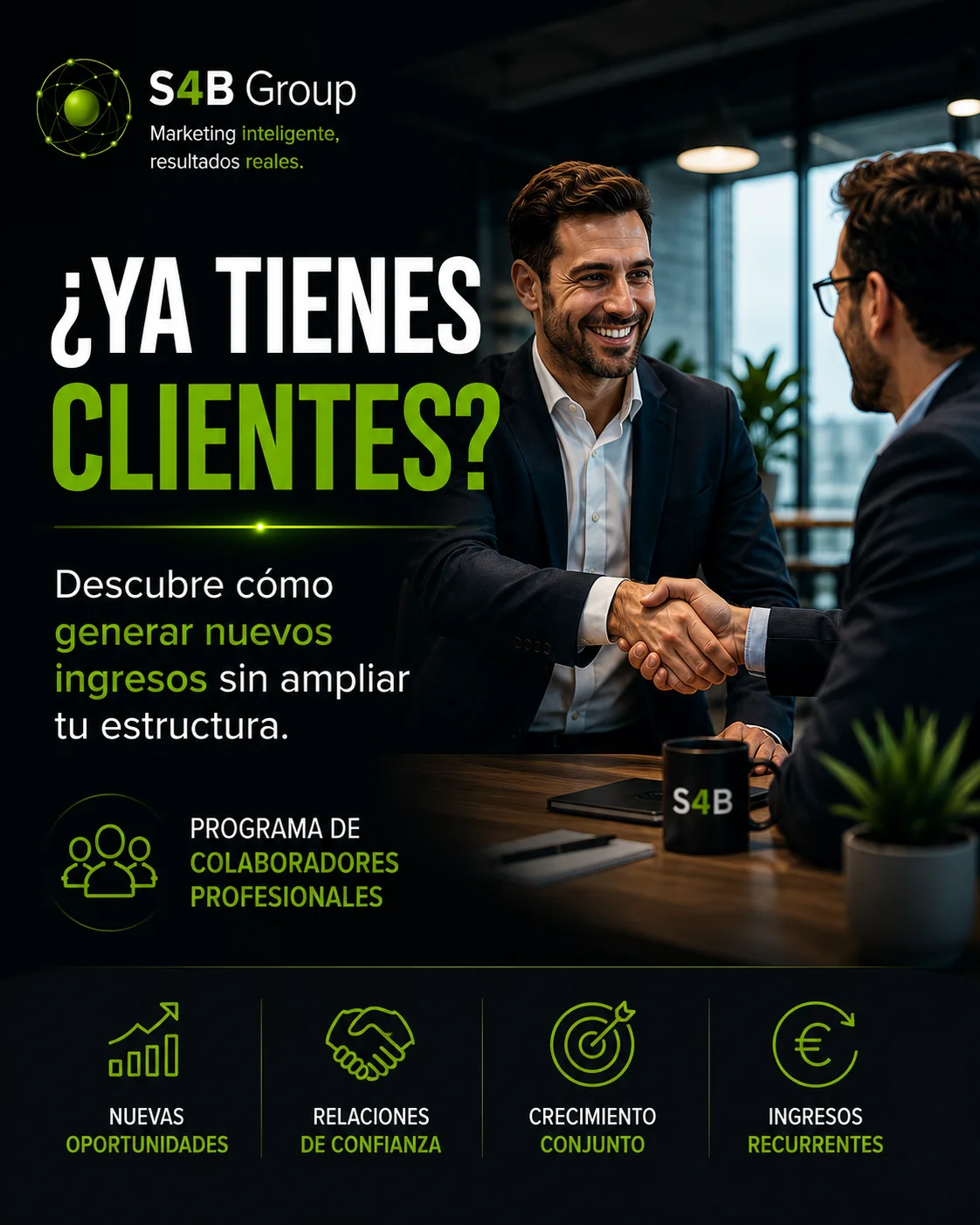 Programa de Colaboradores Profesionales de S4B Group para generar ingresos recurrentes recomendando servicios de marketing digital, SEO, inteligencia artificial y captación de clientes para empresas.