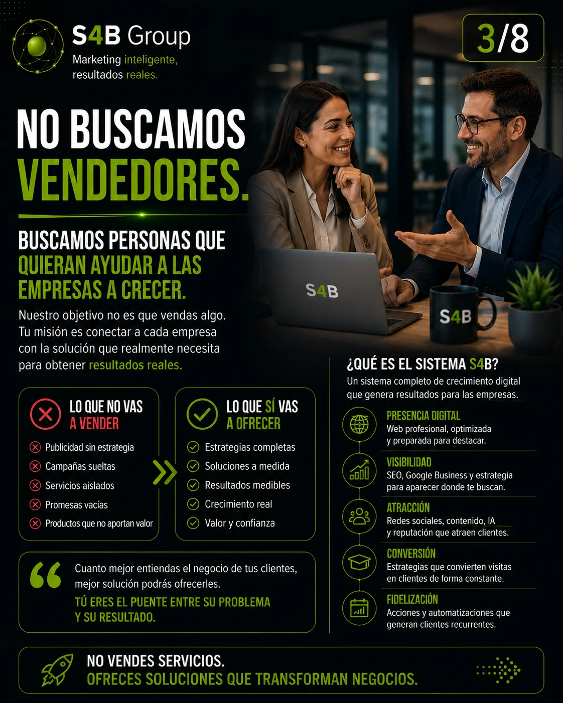 Programa de Agentes Comerciales de S4B Group orientado a profesionales que ayudan a empresas a crecer mediante soluciones de marketing digital, SEO e Inteligencia Artificial en lugar de vender servicios aislados.