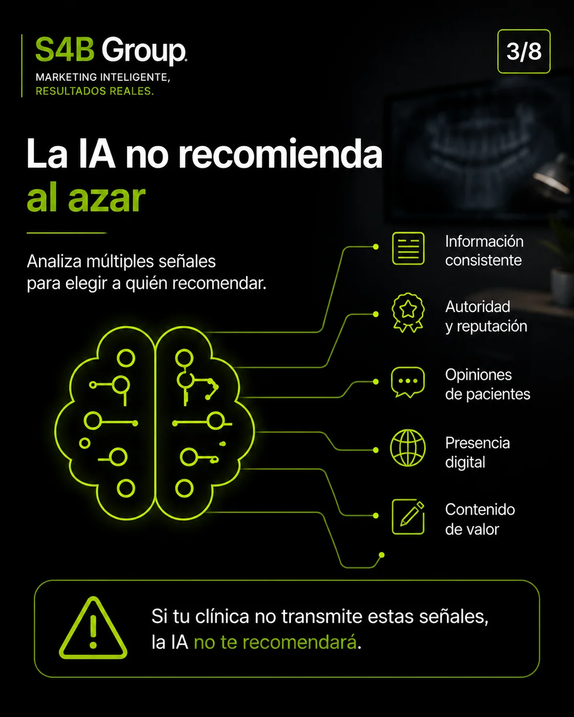 La Inteligencia Artificial recomienda clínicas dentales según su SEO local, reputación online, reseñas de pacientes, contenido y autoridad digital.