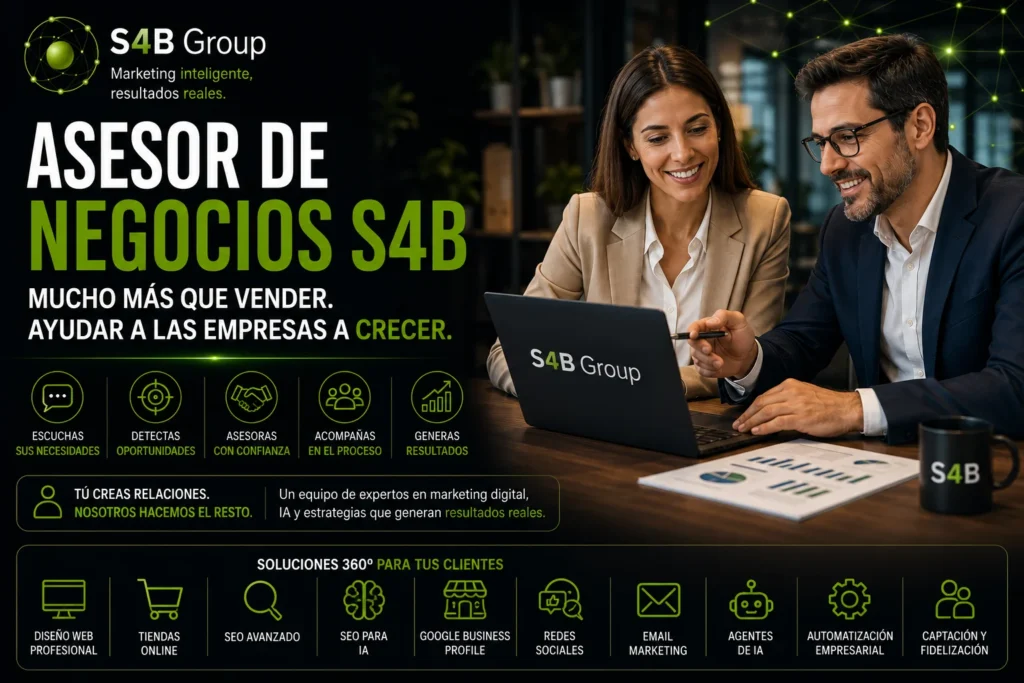 Asesor de Negocios S4B reunido con una empresa para analizar estrategias de marketing digital, SEO, Inteligencia Artificial y captación de clientes con el apoyo del equipo de S4B Group.