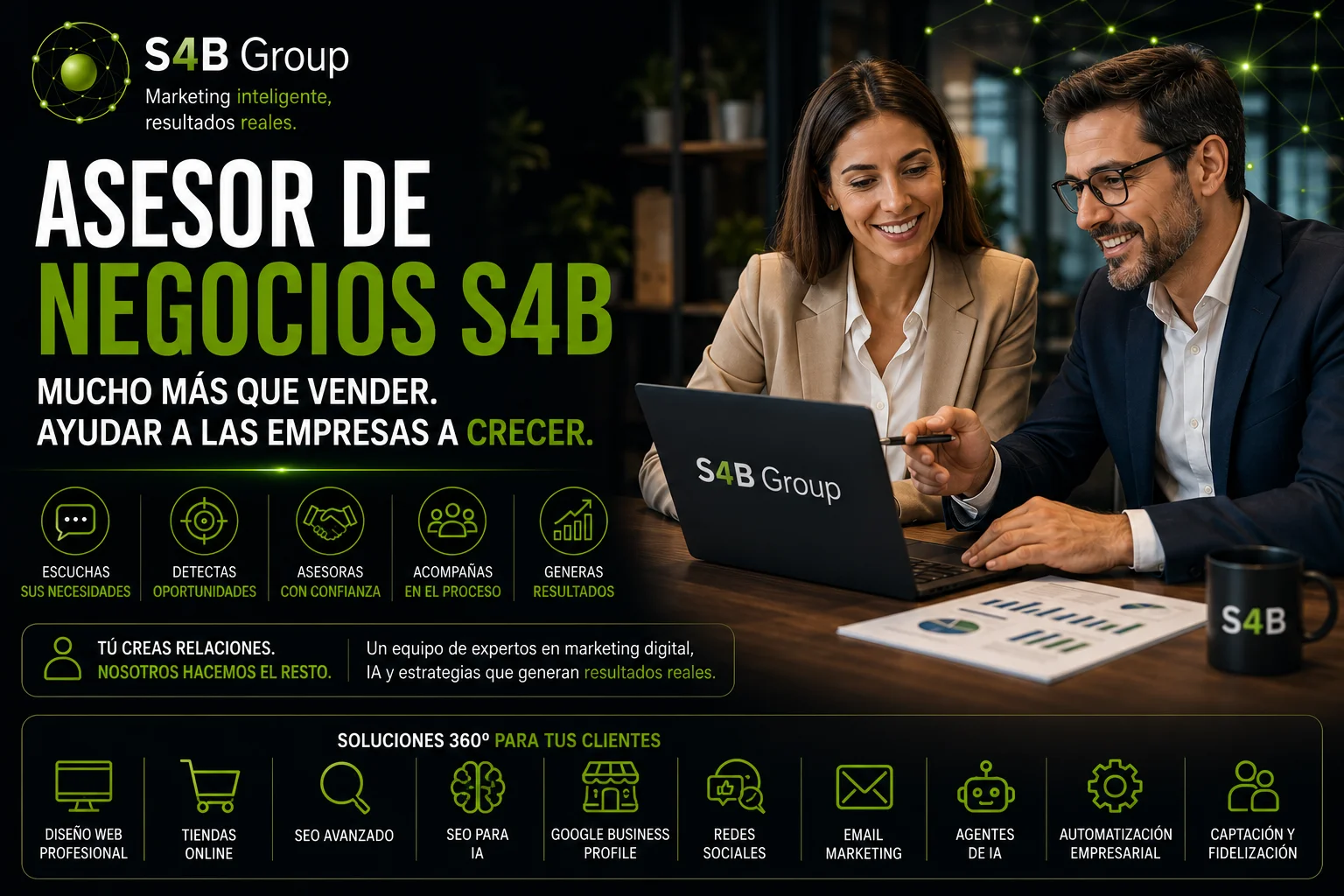 Asesor de Negocios S4B reunido con una empresa para analizar estrategias de marketing digital, SEO, Inteligencia Artificial y captación de clientes con el apoyo del equipo de S4B Group.