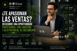 Agente comercial de S4B Group trabajando con empresas y autónomos para vender servicios de marketing digital, SEO, inteligencia artificial y captación de clientes con flexibilidad y alto potencial de crecimiento.