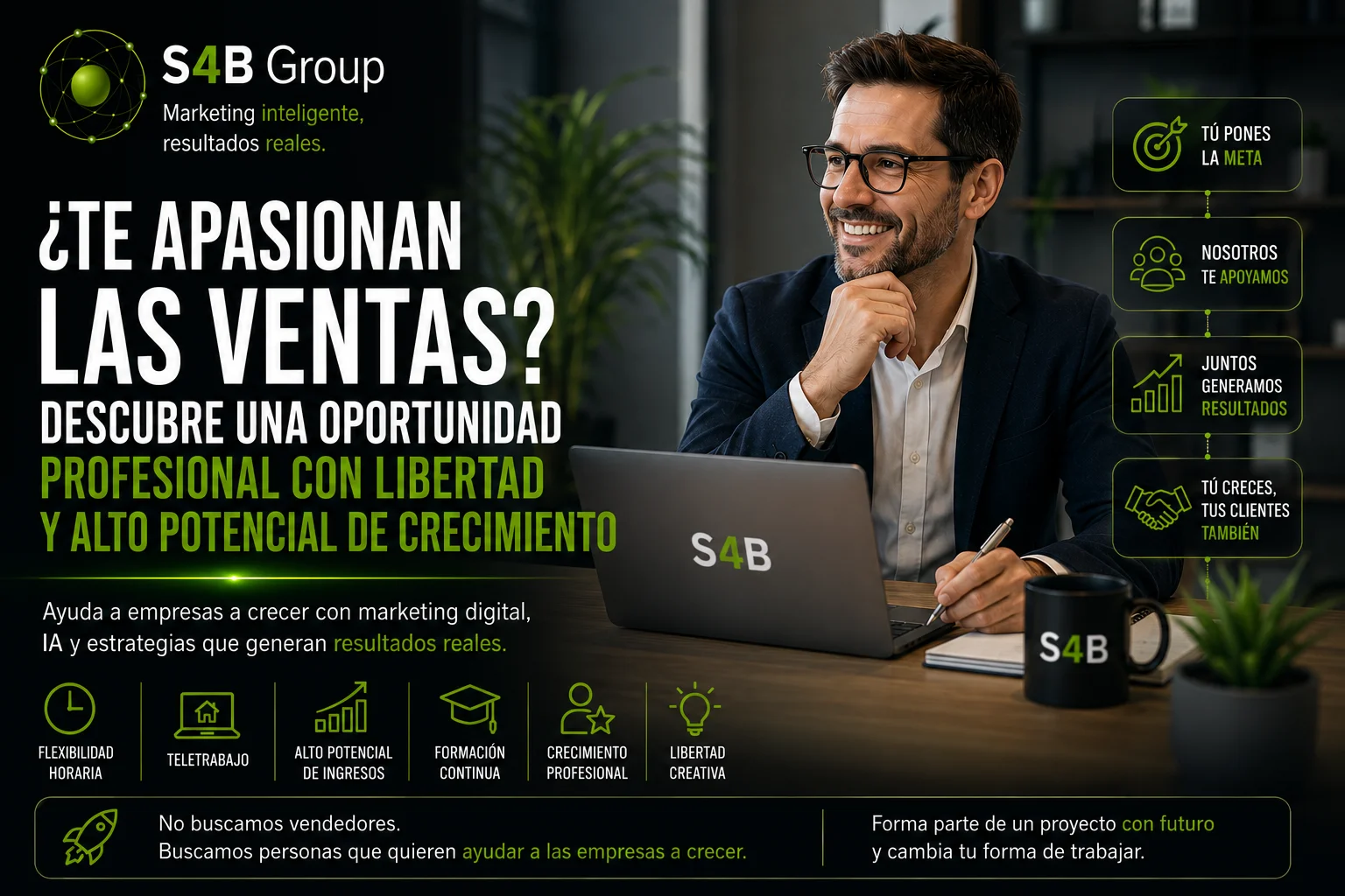 Agente comercial de S4B Group trabajando con empresas y autónomos para vender servicios de marketing digital, SEO, inteligencia artificial y captación de clientes con flexibilidad y alto potencial de crecimiento.
