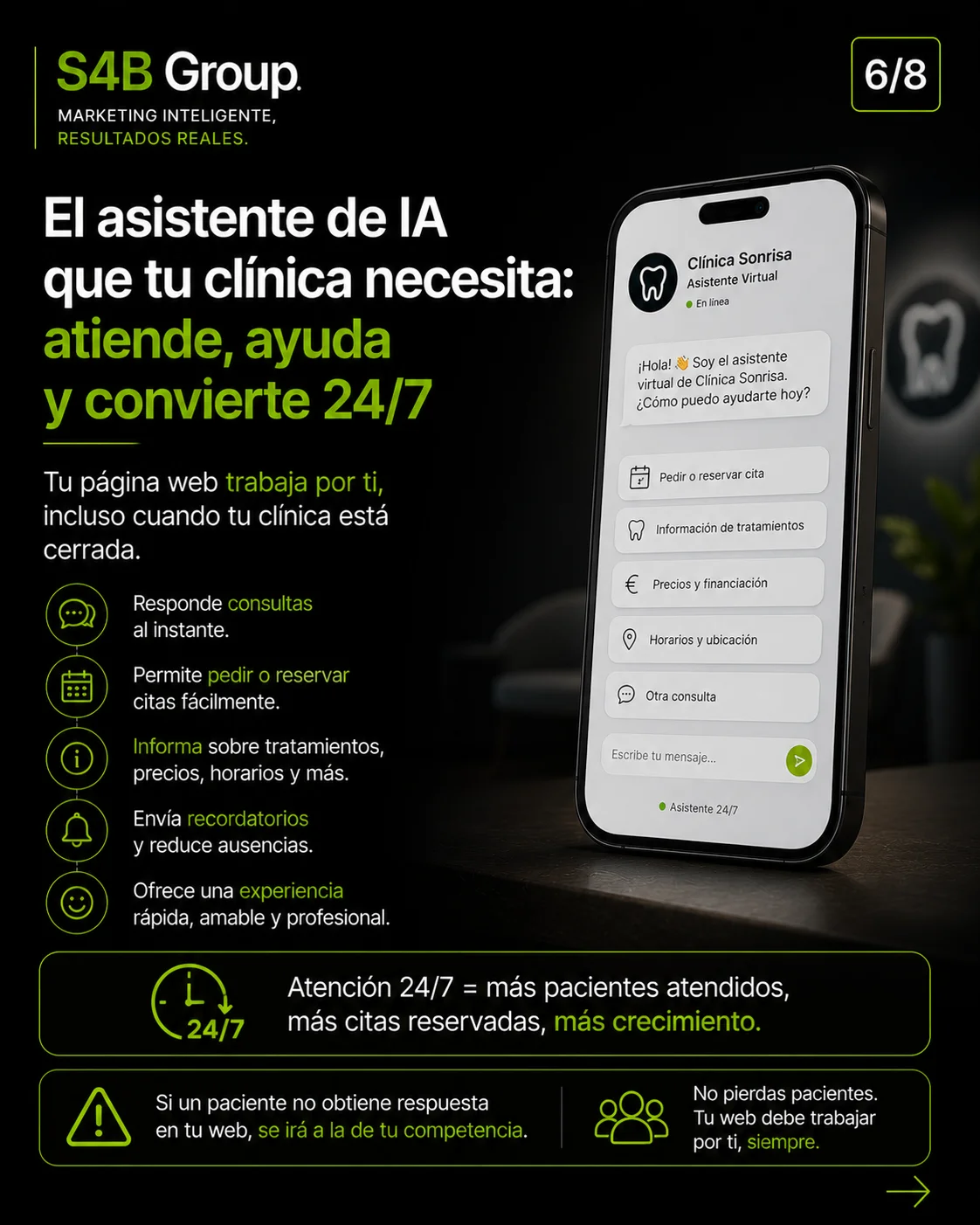 Asistente virtual con IA para clínicas dentales que atiende pacientes 24 horas, responde preguntas y permite reservar citas online.