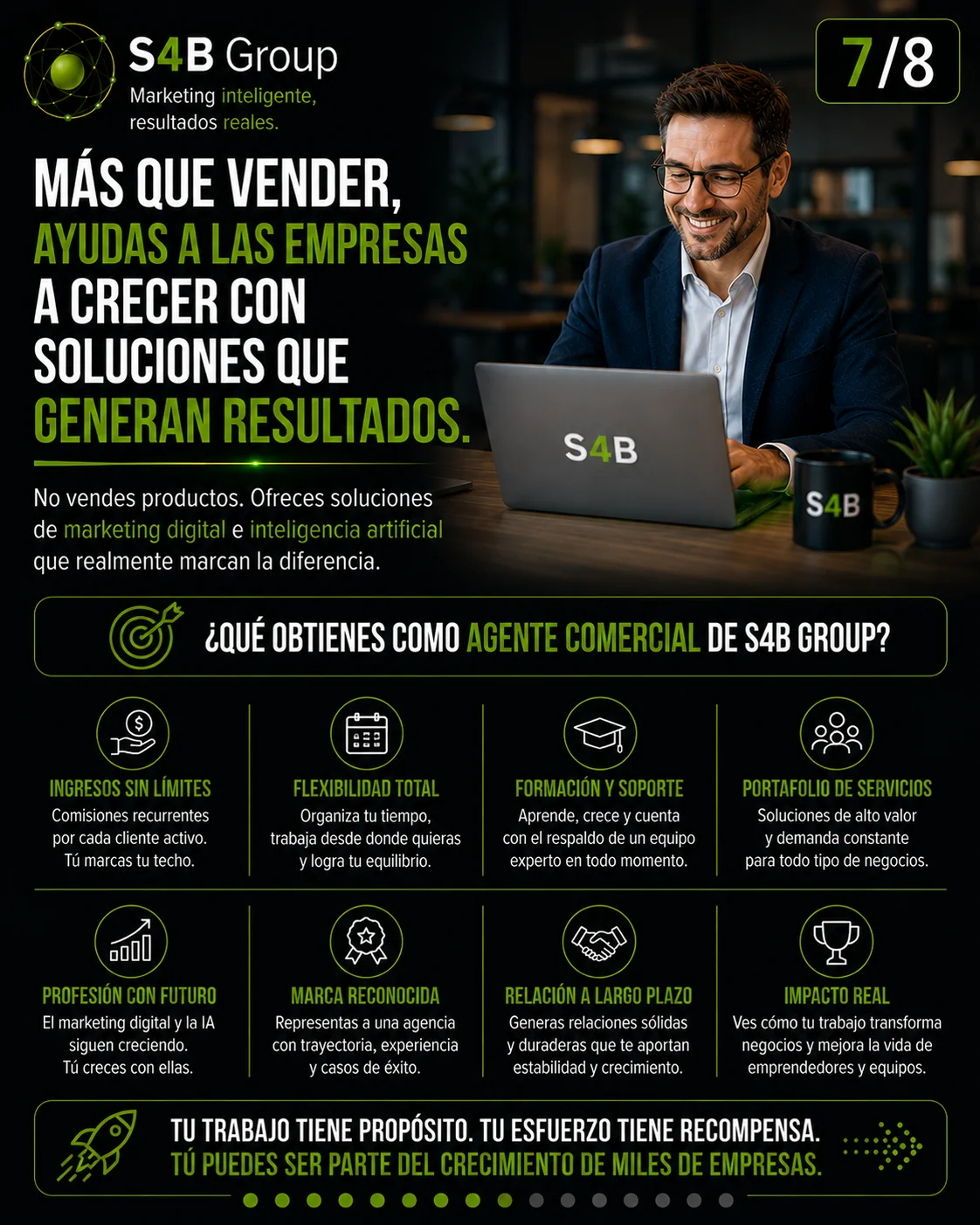 Agente Comercial de S4B Group ayudando a empresas a crecer con soluciones de marketing digital, SEO e Inteligencia Artificial, destacando las ventajas de una carrera con ingresos recurrentes, formación y desarrollo profesional.