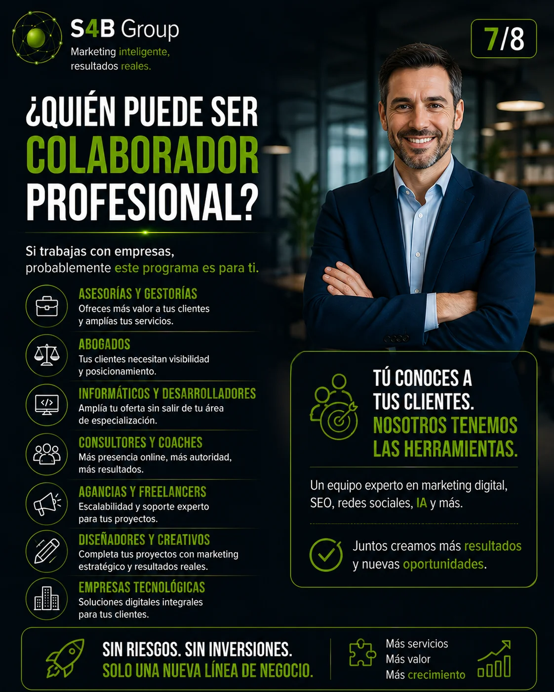 Programa de Colaboradores Profesionales de S4B Group dirigido a asesorías, abogados, consultores, informáticos, agencias, diseñadores y empresas que desean ampliar sus servicios de marketing digital, SEO e Inteligencia Artificial para sus clientes.