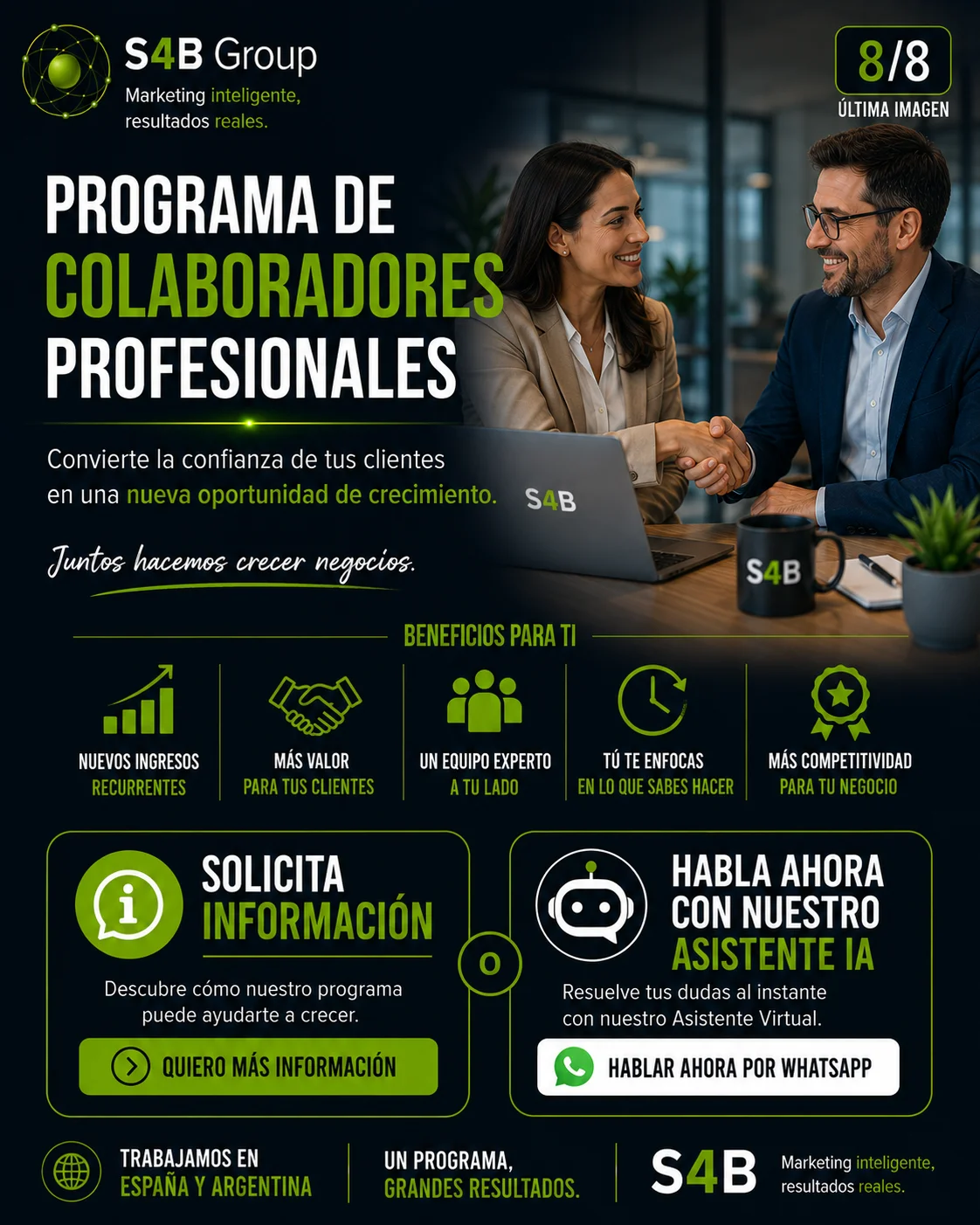 Programa de Colaboradores Profesionales de S4B Group para asesores, consultores, agencias y profesionales que desean generar ingresos recurrentes recomendando servicios de marketing digital, SEO, Inteligencia Artificial y captación de clientes. Solicita información o habla con nuestro Asistente Virtual IA.