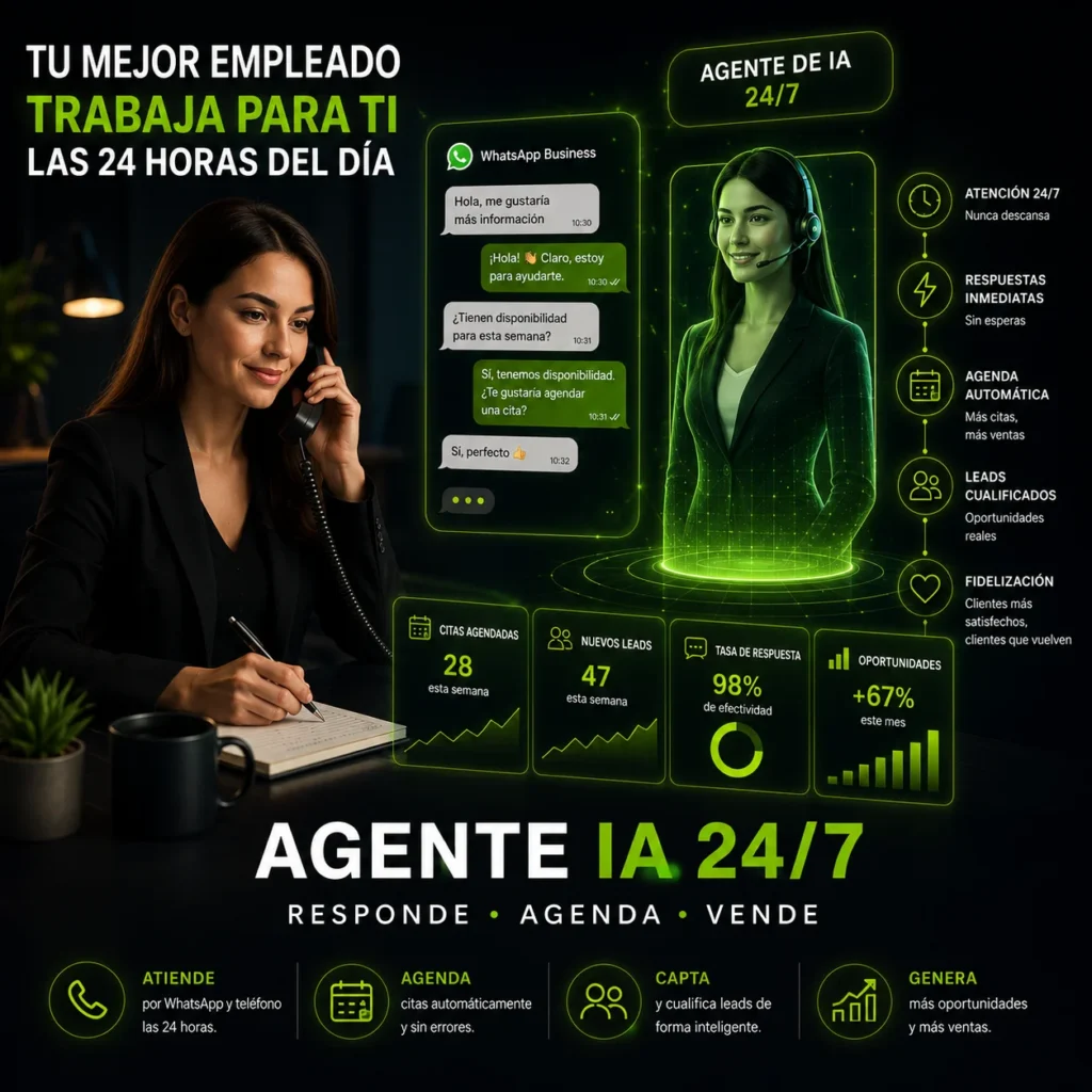 Recepcionista virtual con IA para negocios que automatiza WhatsApp, llamadas, citas, captación de leads y seguimiento comercial 24 horas al día.