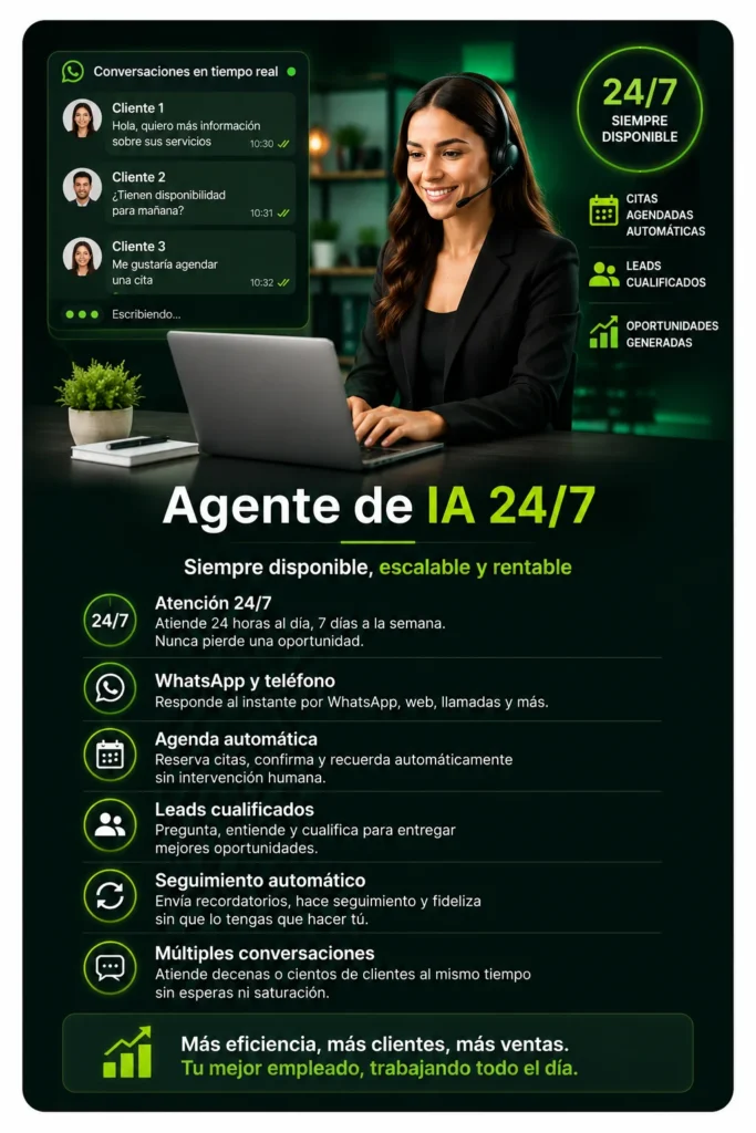 Recepcionista virtual con Inteligencia Artificial que automatiza WhatsApp, llamadas, agenda de citas, captación de leads y seguimiento comercial para empresas.