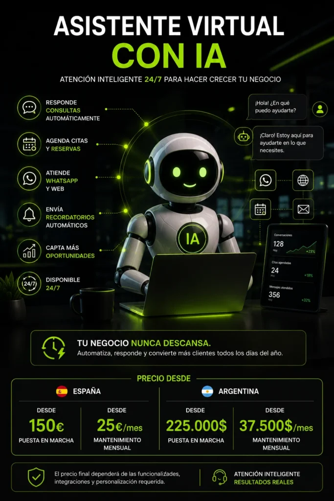 Asistente Virtual con IA para empresas que automatiza consultas, atención al cliente, reservas, citas y seguimiento comercial desde WhatsApp, web y redes sociales.