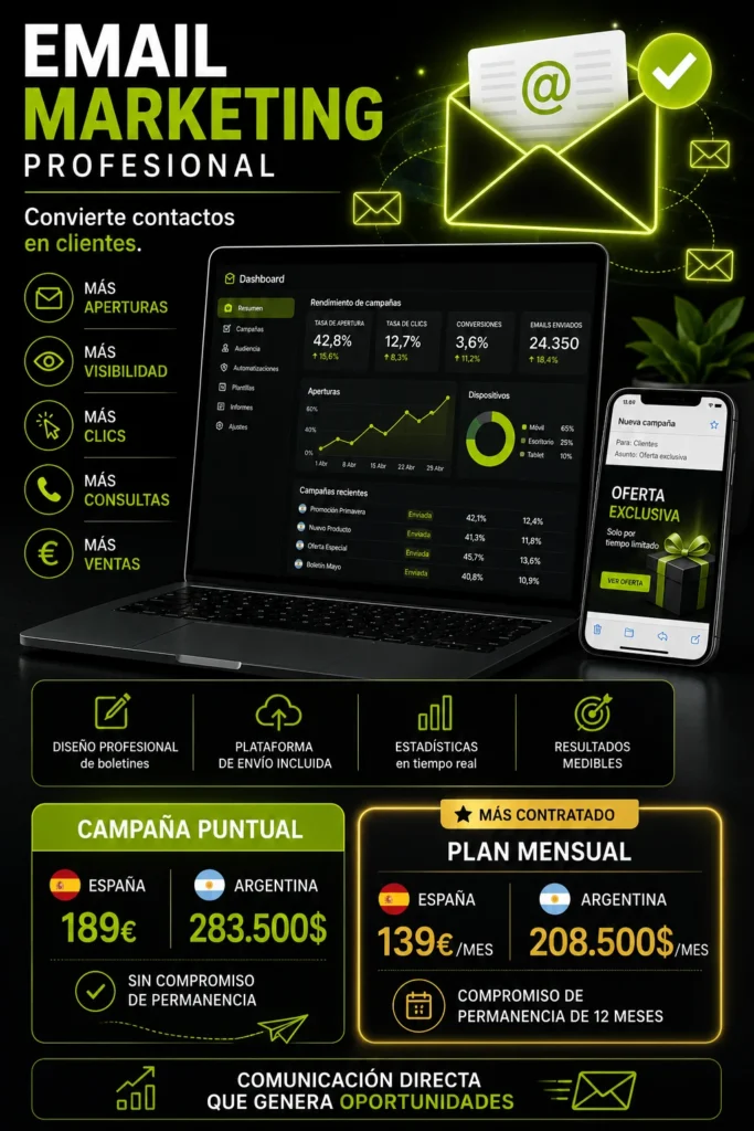 Email marketing para captar clientes, aumentar ventas y fidelizar contactos mediante campañas segmentadas, automatización y comunicación directa con resultados medibles.