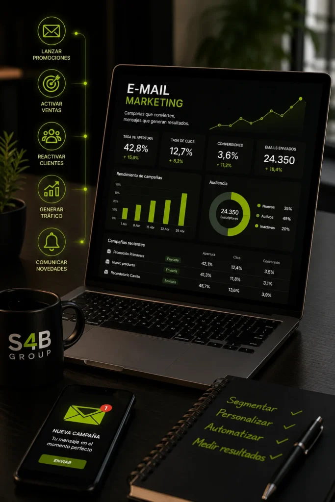 Email marketing para empresas con campañas segmentadas para captar clientes, aumentar ventas, reactivar contactos y comunicar promociones de forma estratégica.