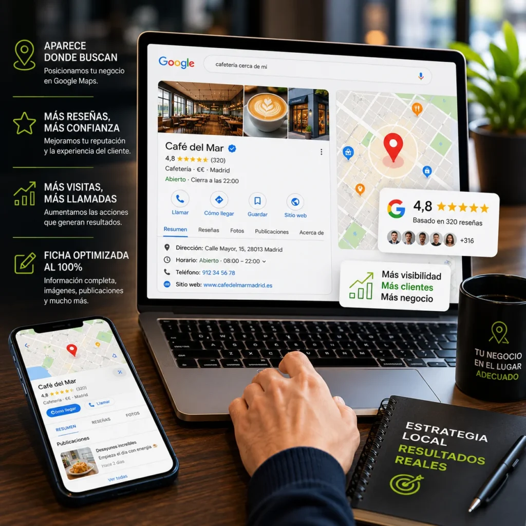 Posicionamiento local en Google Maps y Google Business Profile para negocios que buscan más visibilidad, más reseñas, más llamadas y más clientes cercanos.