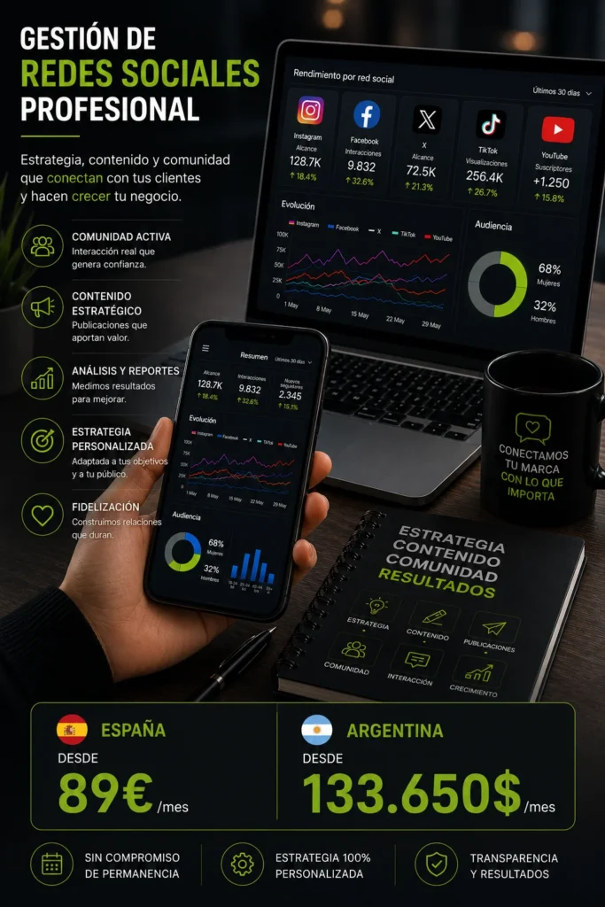 Gestión profesional de redes sociales para empresas con estrategia de contenidos, community management, análisis de resultados, captación de clientes y crecimiento de marca en Instagram, Facebook, X, TikTok y YouTube.