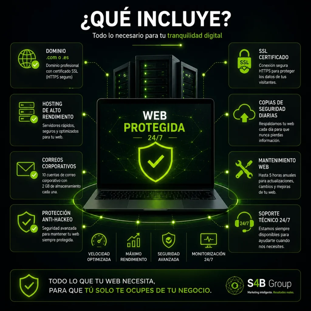 Hosting profesional con SSL, mantenimiento web, correos corporativos, copias de seguridad, protección anti-hackeo y soporte técnico permanente.