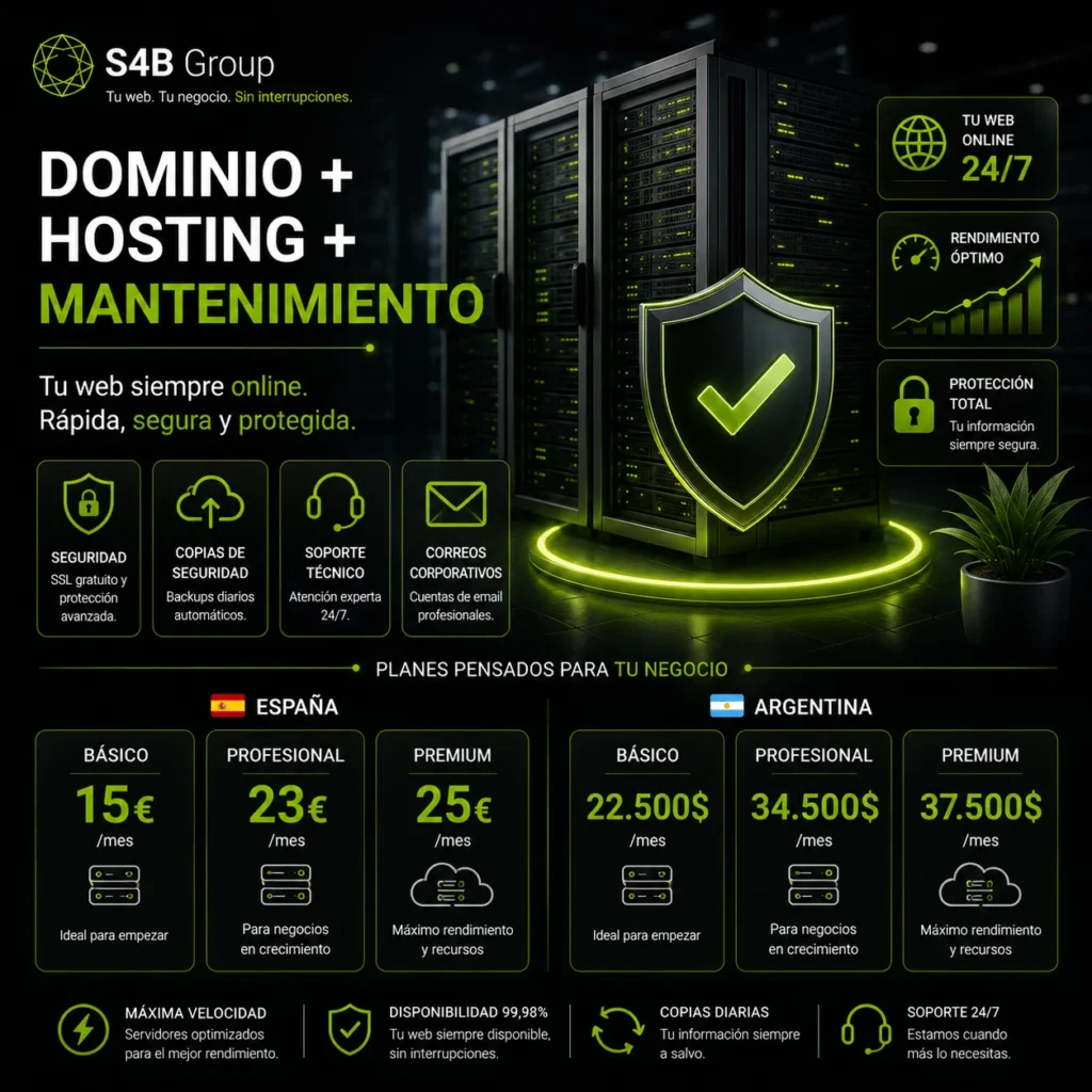 Hosting profesional, dominio y mantenimiento web con seguridad avanzada, soporte 24/7, copias de seguridad y máximo rendimiento para empresas y negocios.