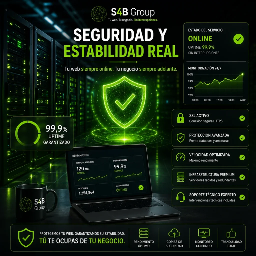 Hosting profesional con seguridad avanzada, uptime garantizado, monitorización 24/7, SSL y soporte técnico para mantener tu web siempre online.