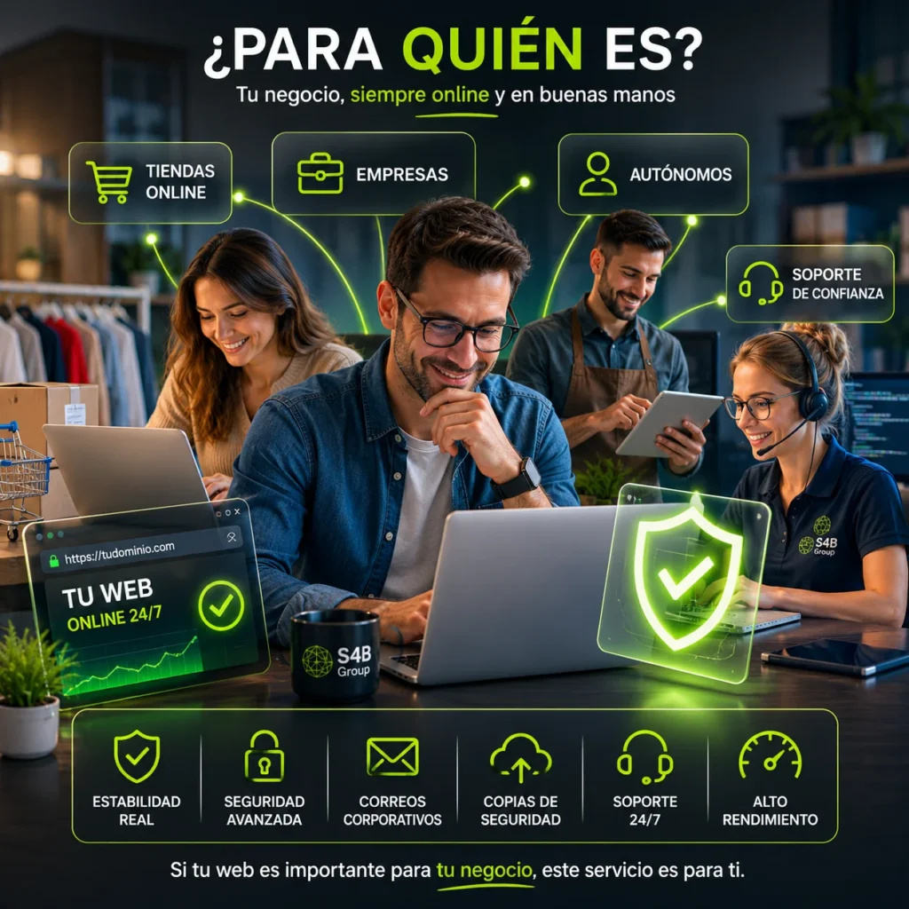 Hosting profesional para empresas, ecommerce y autónomos con seguridad avanzada, soporte técnico, correos corporativos y disponibilidad 24/7.