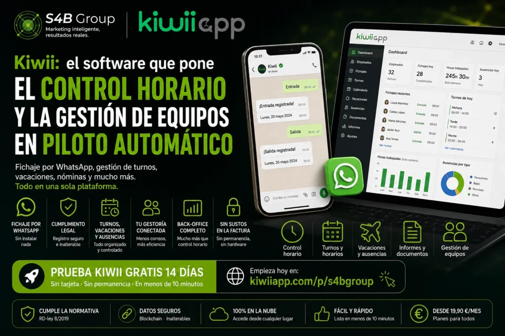 Software Kiwii App para control horario de trabajadores, fichaje por WhatsApp, gestión de turnos, vacaciones, ausencias y administración de equipos en empresas.