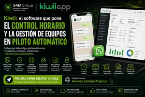 Software Kiwii App para control horario de trabajadores, fichaje por WhatsApp, gestión de turnos, vacaciones, ausencias y administración de equipos en empresas.
