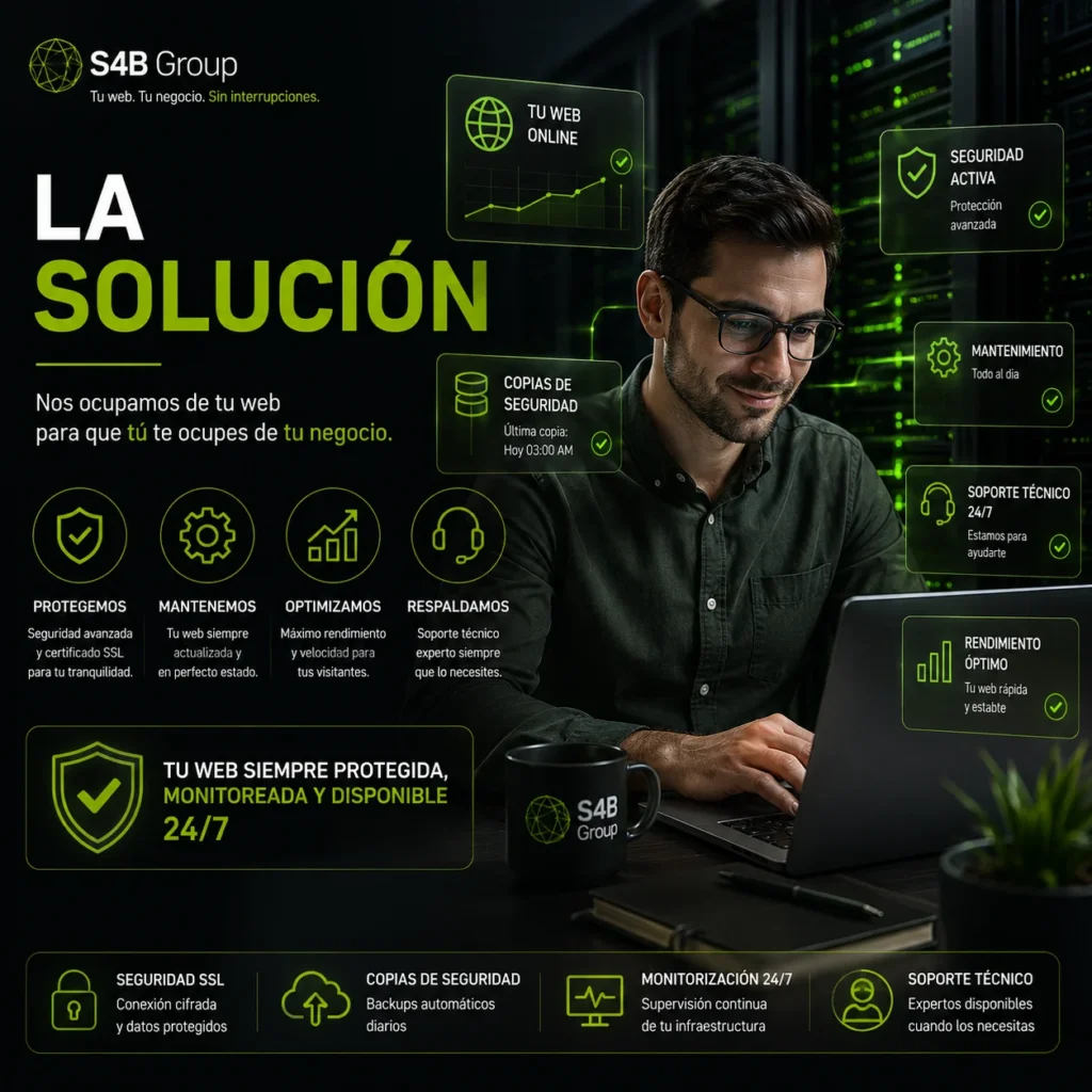 Hosting profesional con mantenimiento web, seguridad SSL, copias de seguridad y soporte técnico 24/7 para mantener tu negocio siempre online.