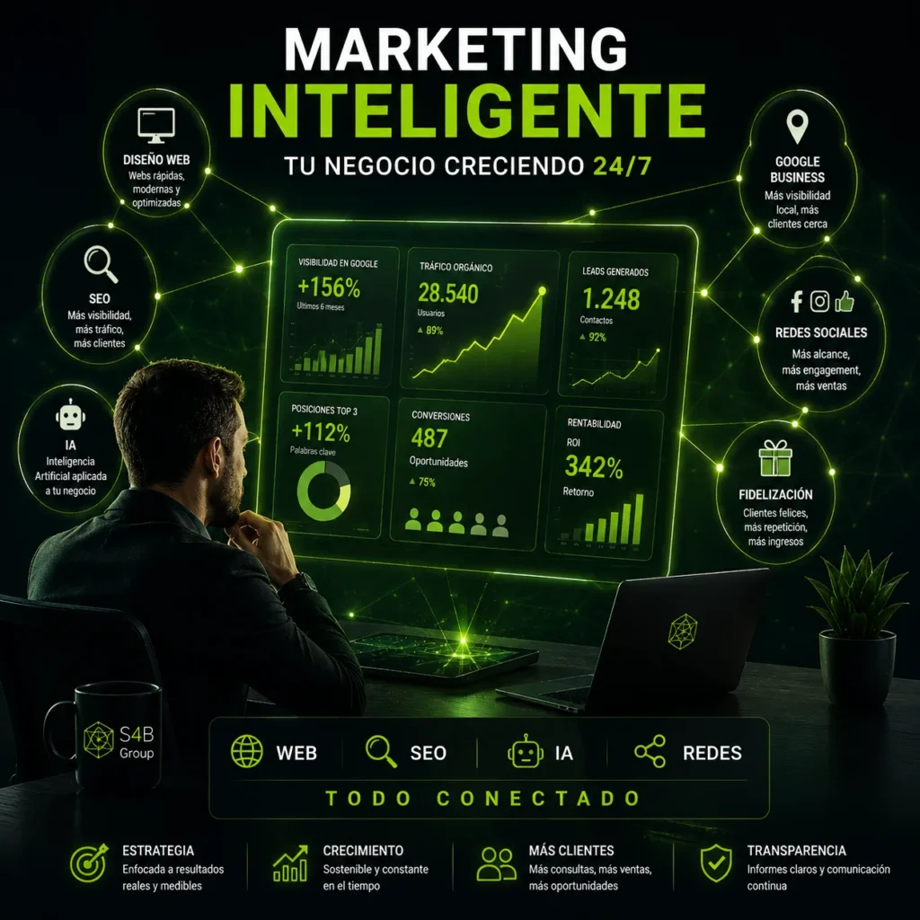 Estrategia de marketing inteligente con web, SEO, inteligencia artificial, Google Business Profile, redes sociales y fidelización conectados para generar clientes.