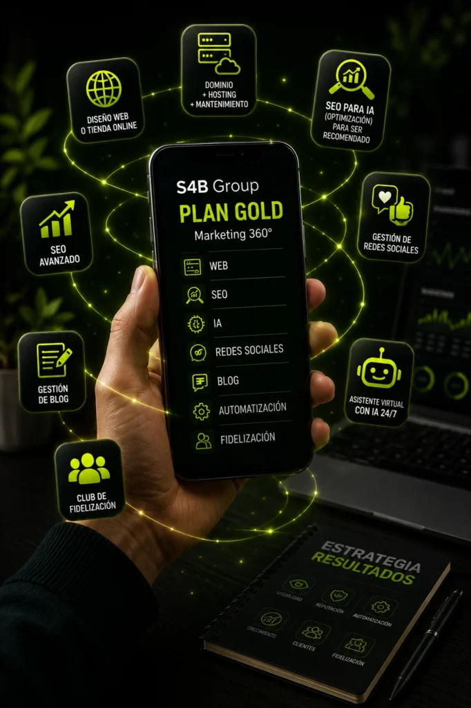Plan Gold de S4B Group, sistema completo de marketing digital con diseño web, SEO avanzado, SEO para Inteligencia Artificial, redes sociales, blog profesional, asistente virtual y fidelización de clientes.