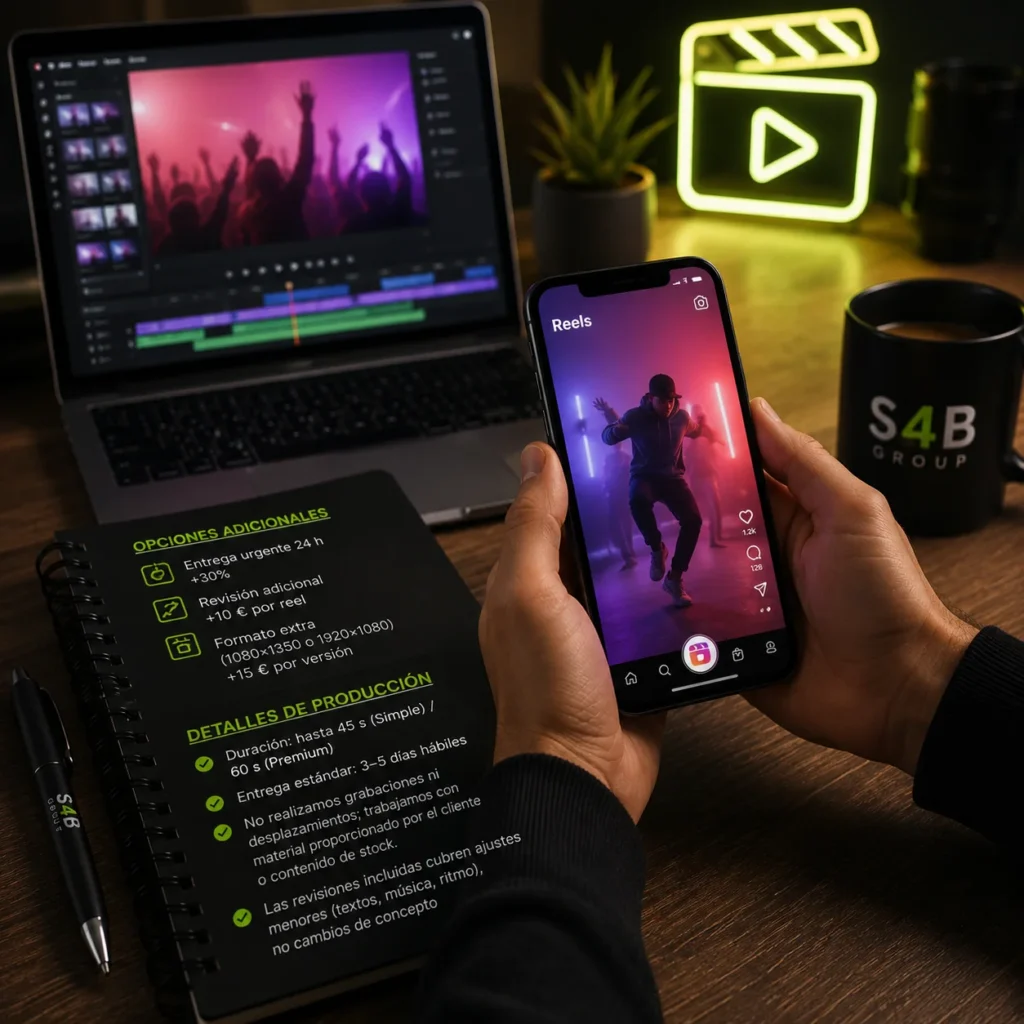 Edición y producción de Reels para empresas con formatos optimizados para redes sociales, revisiones, entrega rápida y enfoque en captación de clientes.