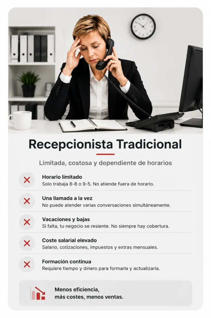 Recepcionista tradicional gestionando llamadas, citas y atención al cliente con limitaciones de horario, costes laborales y capacidad operativa.