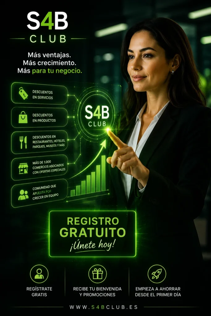 S4B Club, club gratuito de beneficios con descuentos en servicios, productos, restaurantes, hoteles y comercios para empresas, autónomos y profesionales.