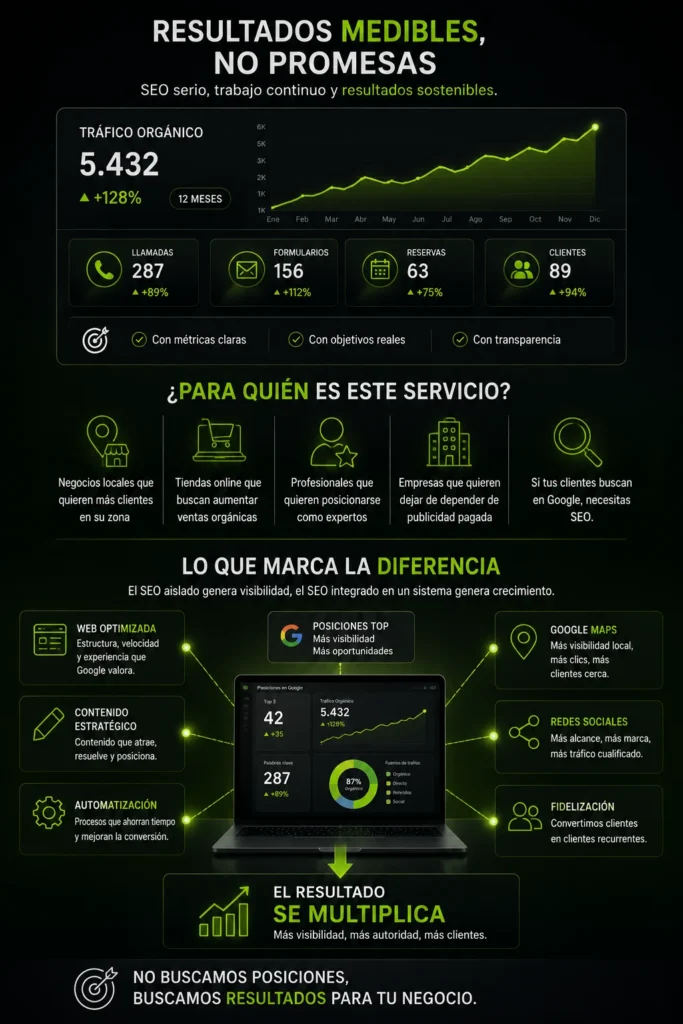 SEO avanzado orientado a resultados con tráfico orgánico, posicionamiento en Google, captación de clientes y estrategia digital integrada para empresas y negocios.