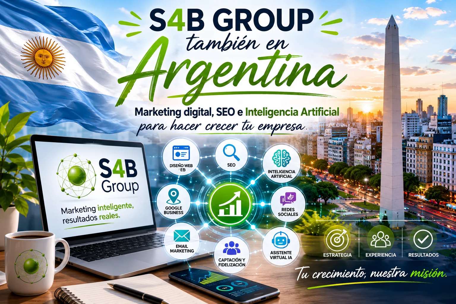S4B Group llega a Argentina ofreciendo servicios de marketing digital, diseño web, SEO, SEO para Inteligencia Artificial, Google Business, redes sociales y asistentes virtuales con IA para empresas de todo el país.