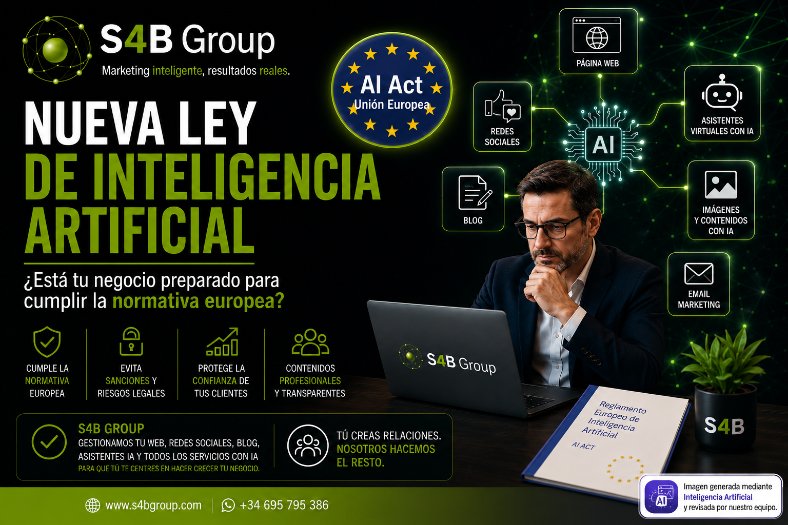 Empresario revisando la nueva Ley Europea de Inteligencia Artificial mientras gestiona el marketing digital, la web y las redes sociales de su empresa con el apoyo de S4B Group.