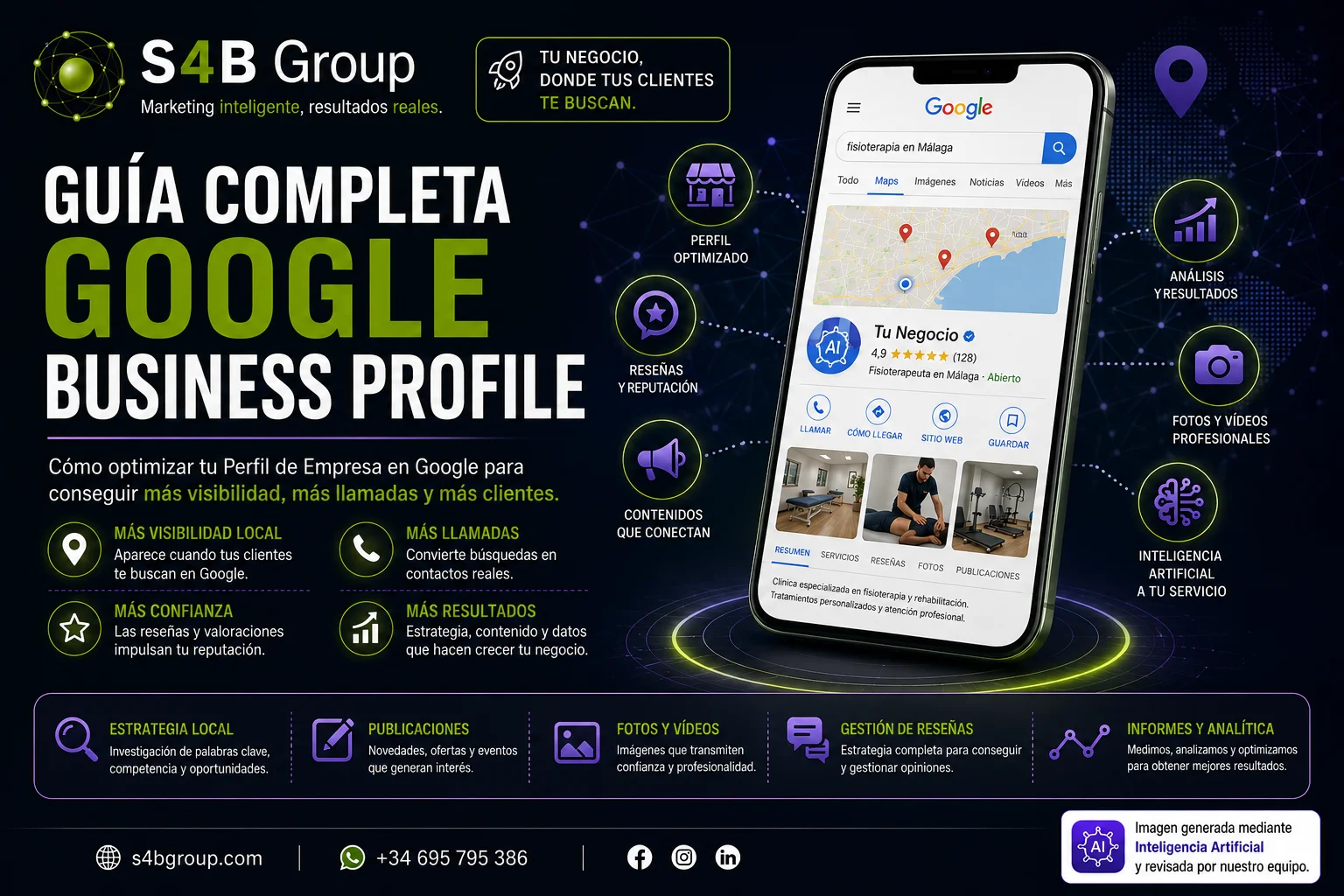 Guía completa de Google Business Profile de S4B Group para optimizar el Perfil de Empresa en Google, mejorar la visibilidad local, conseguir más llamadas, reseñas y clientes mediante SEO local, contenidos, analítica e inteligencia artificial.