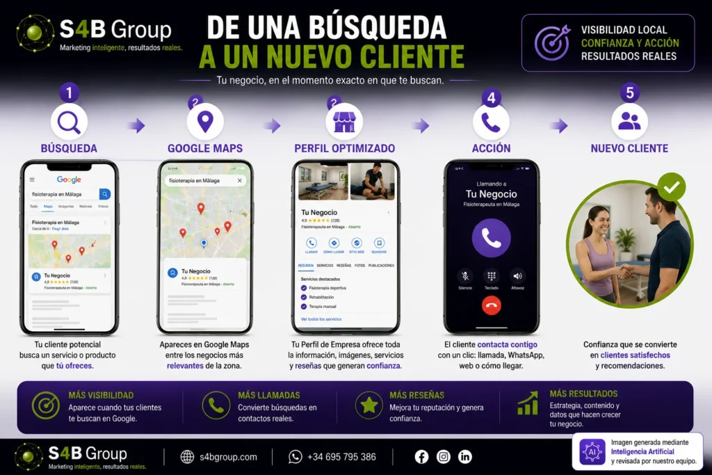 Proceso de captación de clientes con Google Business Profile: desde una búsqueda en Google y Google Maps hasta encontrar el perfil del negocio, realizar una llamada y convertirse en nuevo cliente.
