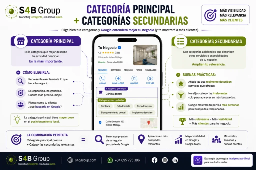 Categoría principal y categorías secundarias en Google Business Profile: cómo elegir las categorías adecuadas para mejorar la relevancia, el posicionamiento local y la visibilidad del negocio en Google y Google Maps.