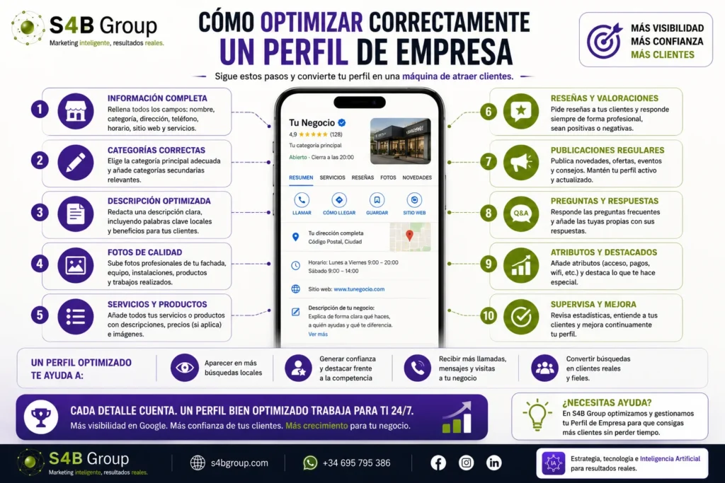 Cómo optimizar correctamente un Perfil de Empresa en Google: información completa, categorías, descripción, fotos, servicios, reseñas, publicaciones, preguntas, atributos y seguimiento para mejorar el SEO local y captar clientes.