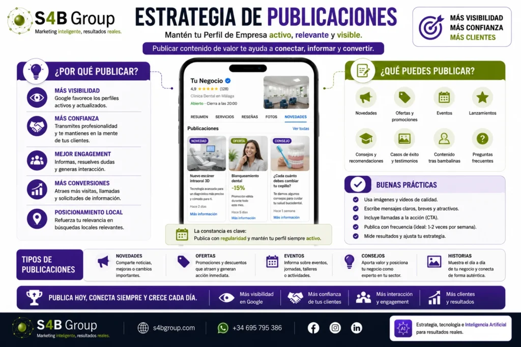 Estrategia de publicaciones para Google Business Profile con novedades, ofertas, eventos, consejos y contenidos de valor para mantener el perfil activo, mejorar el SEO local y atraer más clientes.
