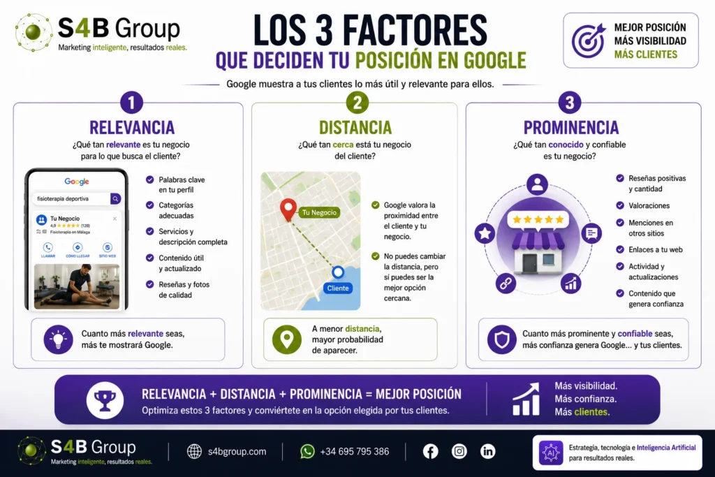 Los tres factores del posicionamiento local en Google: relevancia, distancia y prominencia, claves para mejorar la visibilidad de un negocio en Google y Google Maps y atraer más clientes.