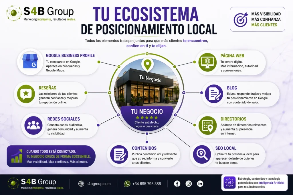 Ecosistema de posicionamiento local para empresas: Google Business Profile, página web, blog, reseñas, redes sociales, directorios, contenidos y SEO local conectados para aumentar visibilidad, confianza y clientes.