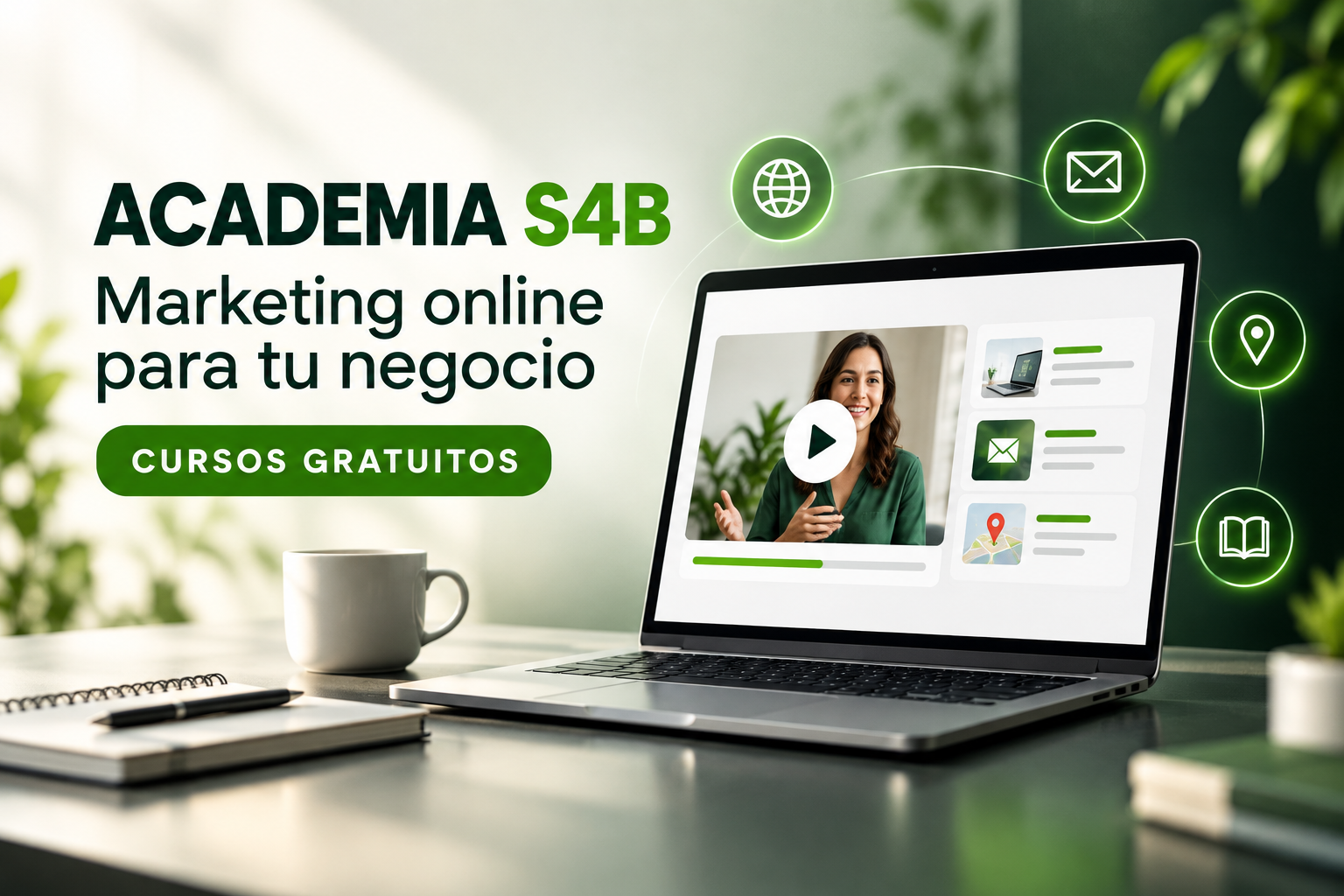 Academia S4B: cursos gratuitos de marketing online para tu negocio, representados en un portátil con una videolección.