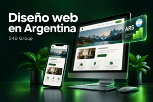 Diseño web en Argentina: computadora y celular con una web responsive y referencia a pesos argentinos
